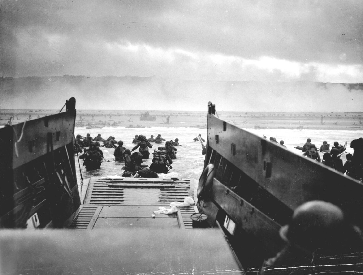 Allied soldiers landing on the beaches of Normandy during D-Day on June 6, 1944.