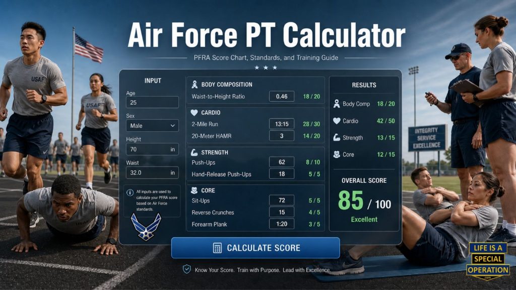 Air Force PT Calculator PFRA Score Chart by Life is a Special Operation