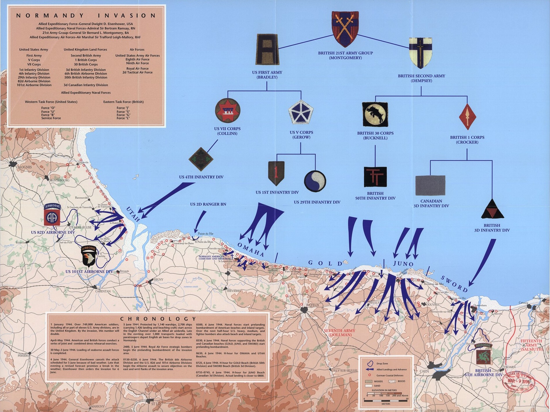 D-Day Normandy map showing Utah, Omaha, Gold, Juno, and Sword Beaches.