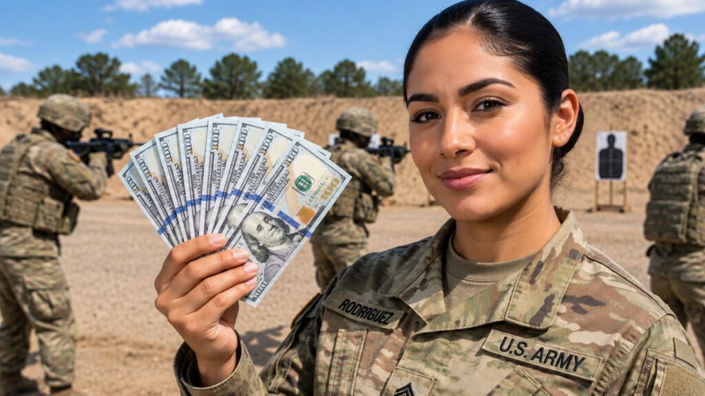 Army Sergeant Holding Hundred Dollar Bills at a Weapons Range discussing Military Pay in 2027