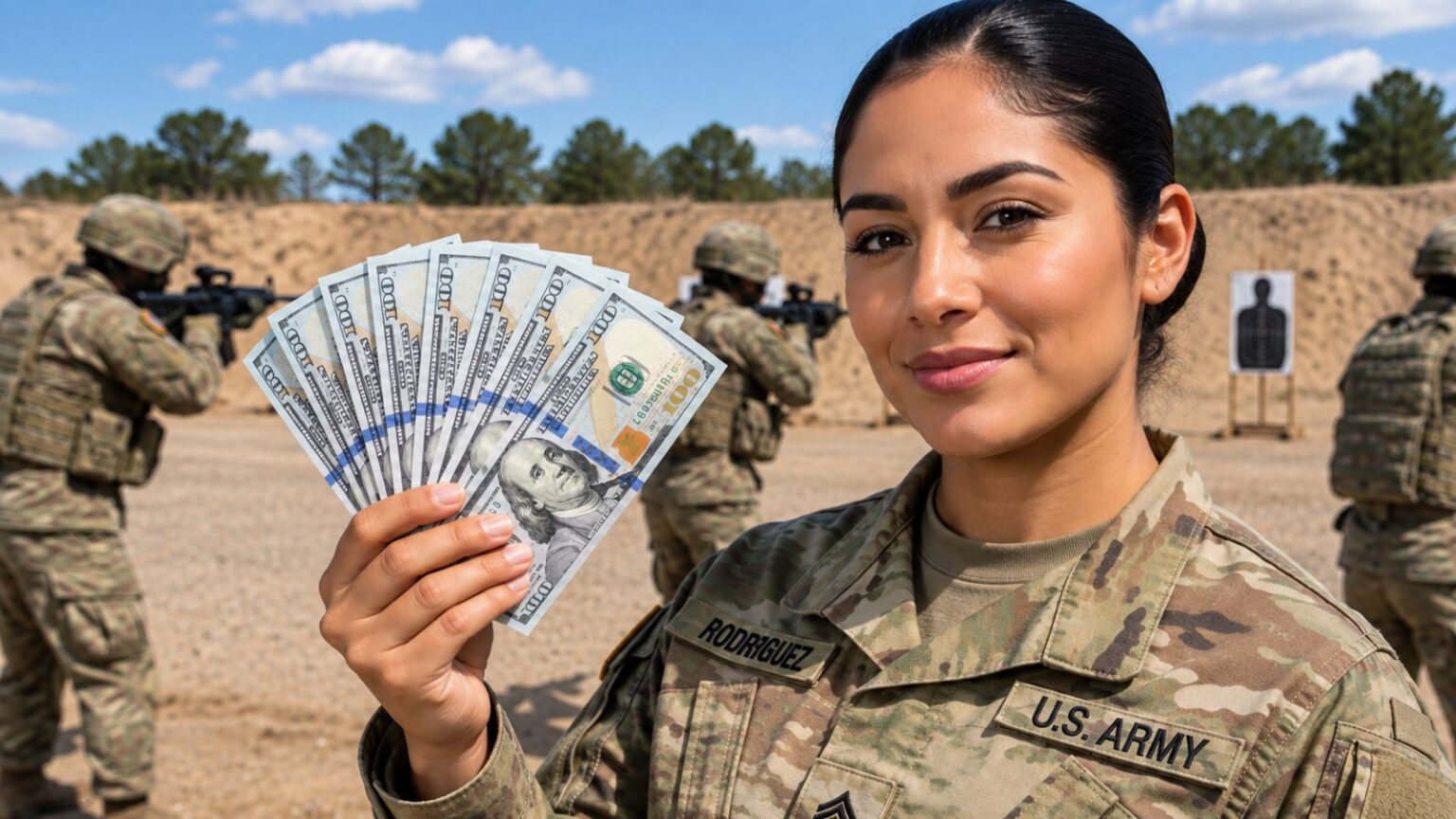 Army Sergeant Holding Hundred Dollar Bills at a Weapons Range discussing Military Pay in 2027