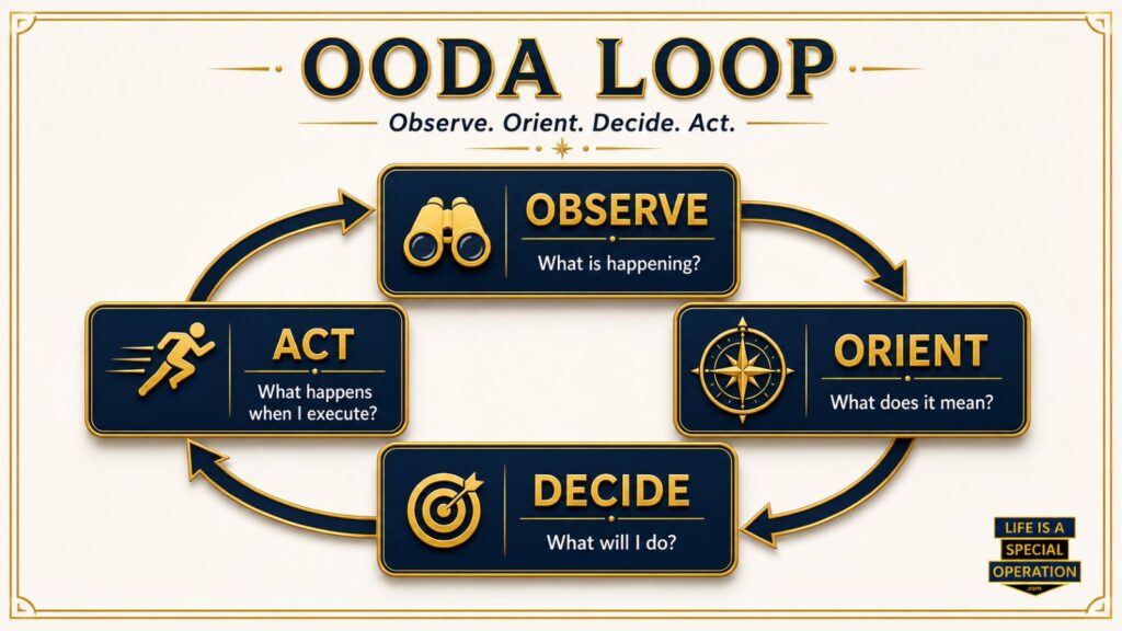 OODA loop diagram showing Observe, Orient, Decide, Act, and feedback as a continuous decision-making cycle.